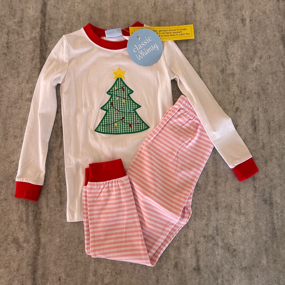 Classic Whimsy Christmas Tree Pajama Set with Pink Stripes Size 6